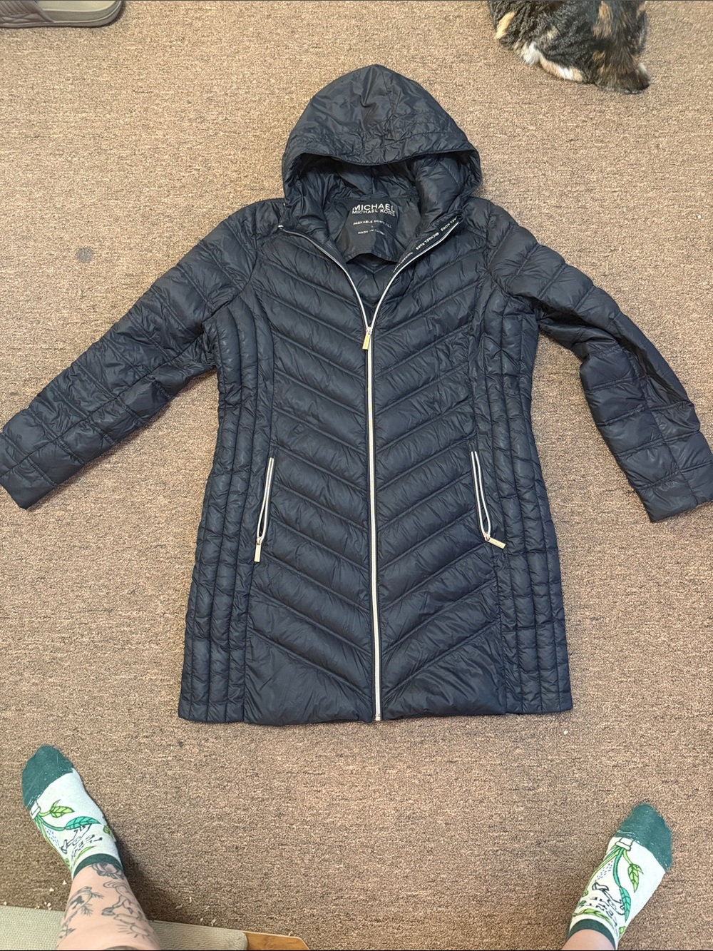 MICHAEL Michael Kors Quilted Hooded Long Puffer Coat in Black